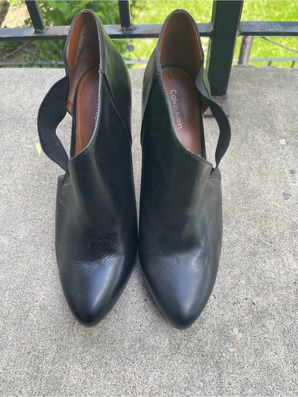 Calvin Klein Black Leather Pointed Ankle Booties with Side Elastic